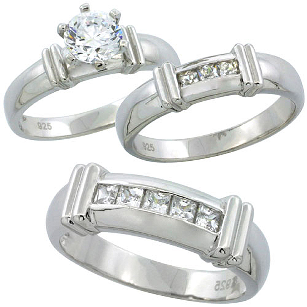 STERLING SILVER CUBIC ZIRCONIA TRIO ENGAGEMENT WEDDING RING SET FOR HIM AND HER 6.5 MM CHANNEL SET PRINCESS, L 5 - 10 & M 8 - 14