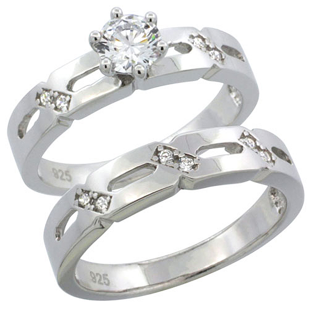 STERLING SILVER CUBIC ZIRCONIA LADIES� ENGAGEMENT RING SET 2-PIECE, 5/32 INCH WIDE