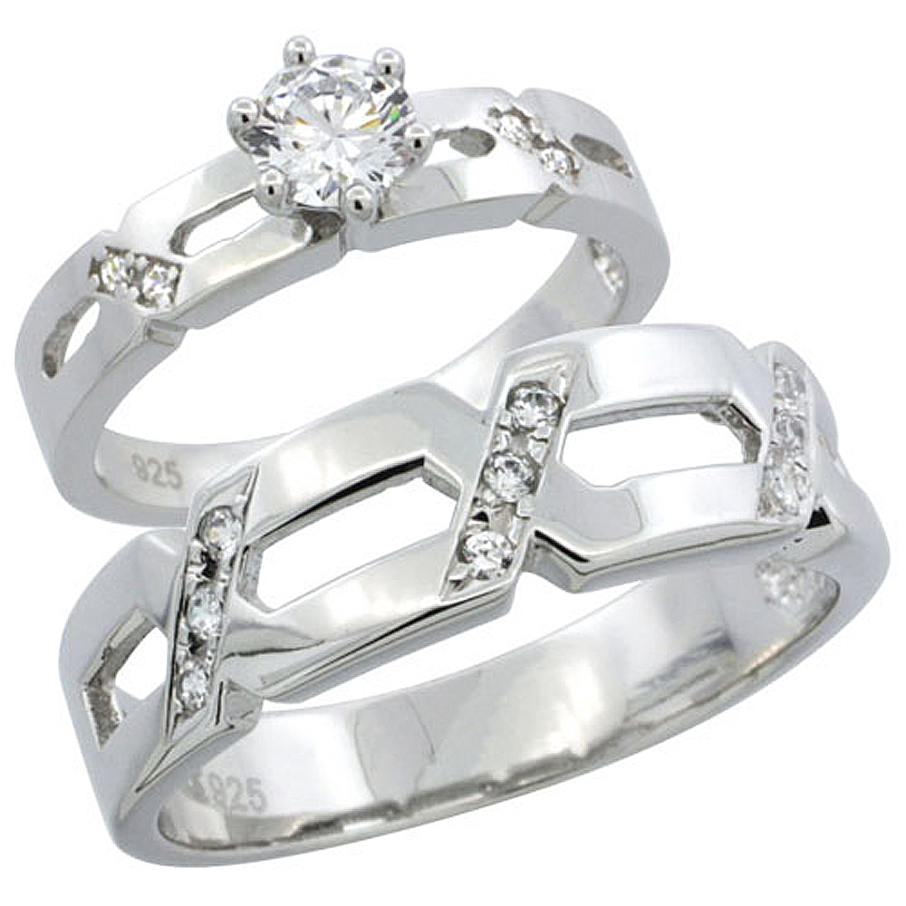 STERLING SILVER CUBIC ZIRCONIA ENGAGEMENT RINGS SET FOR HIM & HER 6.5MM MAN'S WEDDING BAND )