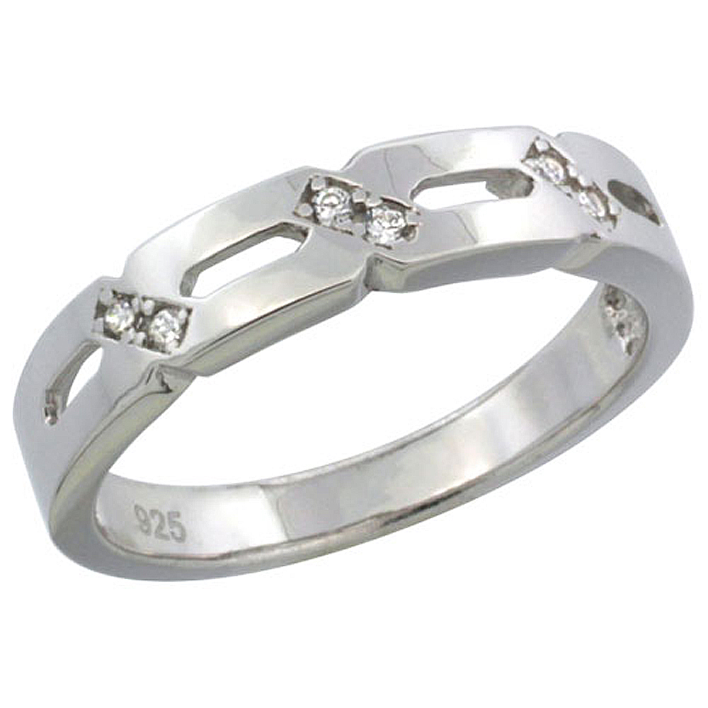 STERLING SILVER CUBIC ZIRCONIA LADIES' WEDDING BAND RING, 5/32 INCH WIDE