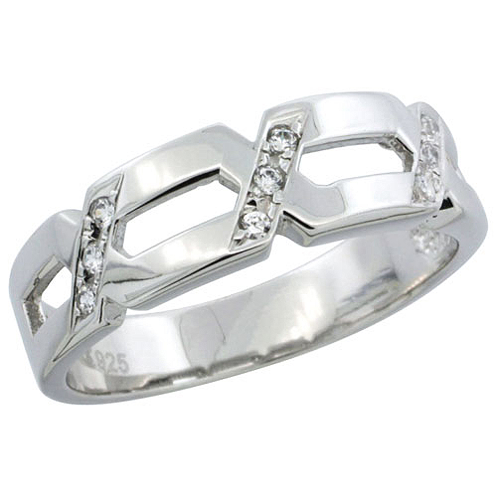 STERLING SILVER CUBIC ZIRCONIA MENS WEDDING BAND RING, 1/4 INCH WIDE