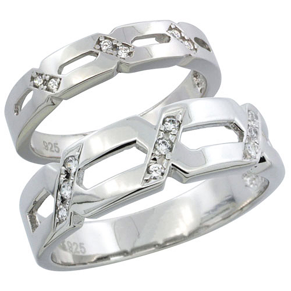 STERLING SILVER CUBIC ZIRCONIA WEDDING BAND RING 2-PIECE SET 6.5 MM HIM & HERS 4 MM, SIZES M 8-14 L 5-10