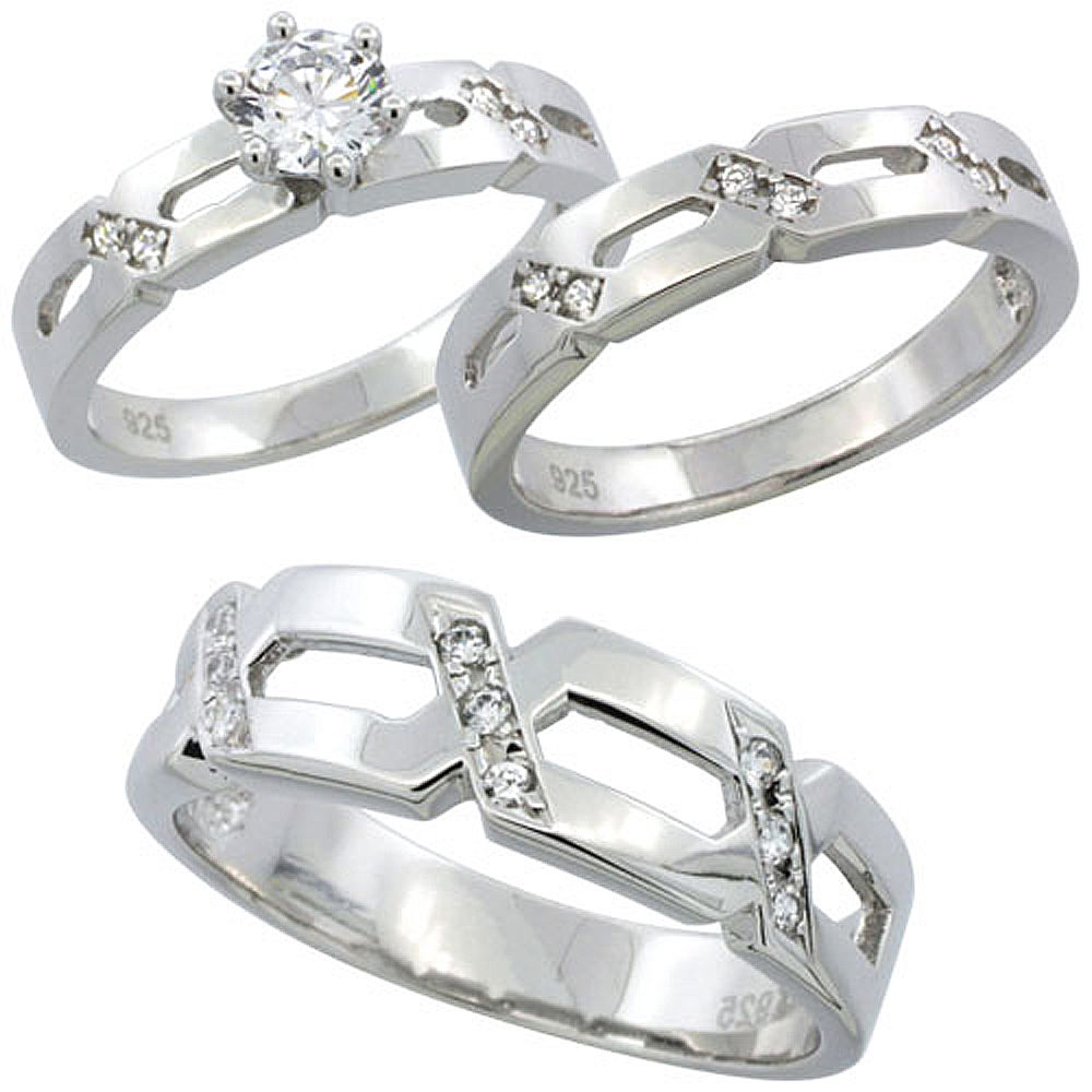 STERLING SILVER CUBIC ZIRCONIA TRIO ENGAGEMENT WEDDING RING SET FOR HIM AND HER 6.5 MM, L 5 - 10 & M 8 - 14