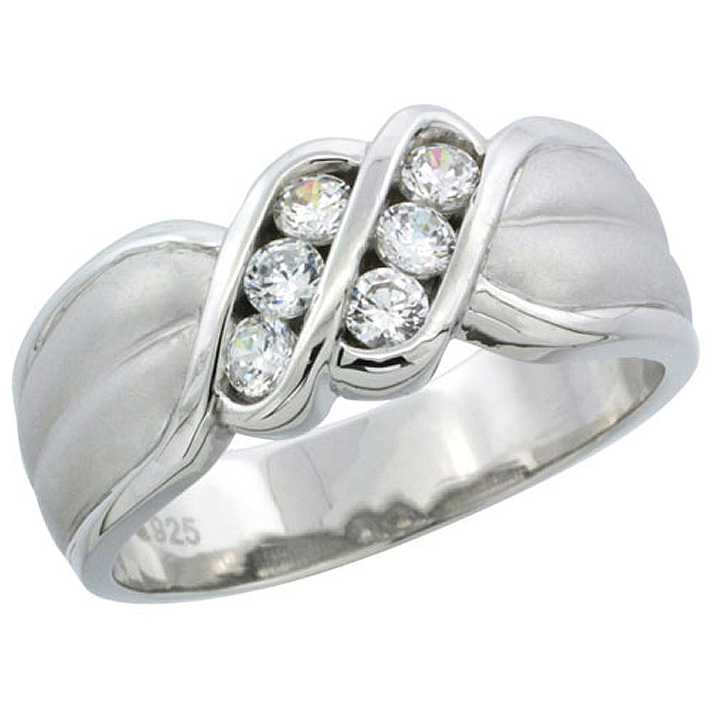 STERLING SILVER CUBIC ZIRCONIA MENS WEDDING BAND RING CHANNEL SET, 5/16 INCH WIDE