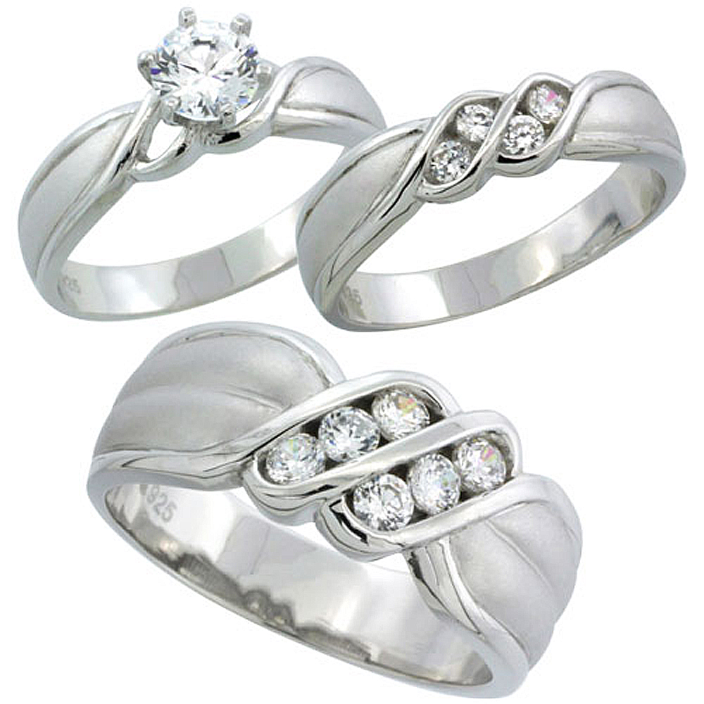 STERLING SILVER CUBIC ZIRCONIA TRIO ENGAGEMENT WEDDING RING SET FOR HIM AND HER 8 MM CHANNEL SET, L 5 - 10 & M 8 - 14