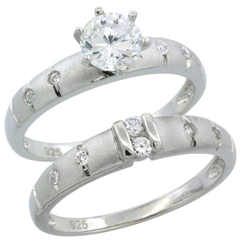 STERLING SILVER CUBIC ZIRCONIA LADIES� ENGAGEMENT RING SET 2-PIECE 1/2 CT SIZE, 1/8 INCH WIDE