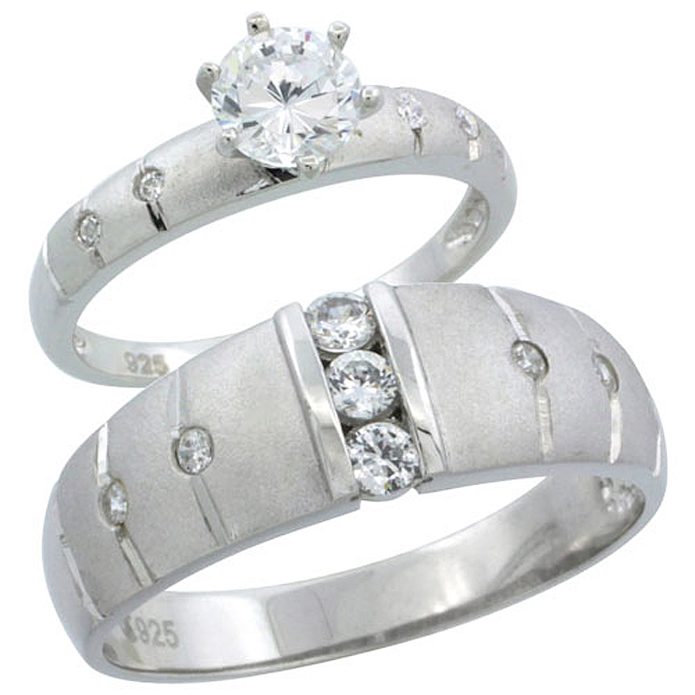 STERLING SILVER CUBIC ZIRCONIA ENGAGEMENT RINGS SET FOR HIM & HER 1/2 CT SIZE MAN'S WEDDING BAND )