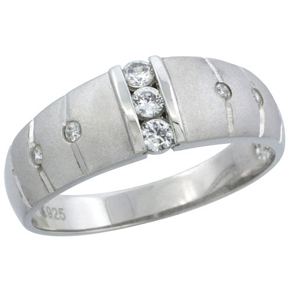 STERLING SILVER CUBIC ZIRCONIA MENS WEDDING BAND RING CLASSIC CHANNEL SET, 9/32 INCH WIDE