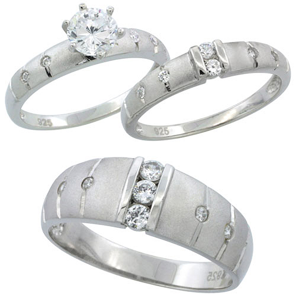 STERLING SILVER CUBIC ZIRCONIA TRIO ENGAGEMENT WEDDING RING SET FOR HIM AND HER 7.5 MM CHANNEL SET, L 5 - 10 & M 8 - 14