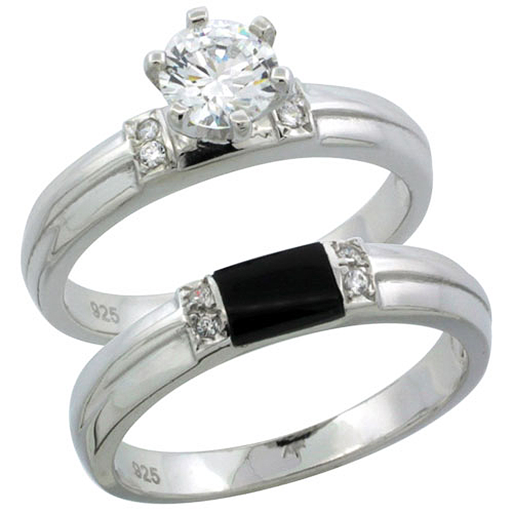 STERLING SILVER CUBIC ZIRCONIA LADIES� ENGAGEMENT RING SET 2-PIECE 1 CT SIZE, 1/8 INCH WIDE