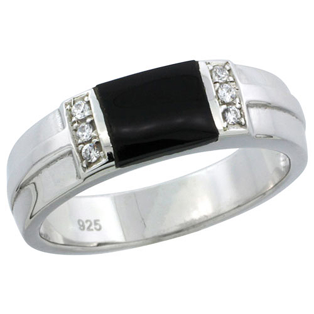 Sterling Silver Cubic Zirconia Mens Wedding Band Ring Black Onyx, 1/4 inch wide