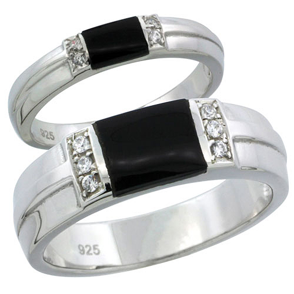 STERLING SILVER CUBIC ZIRCONIA WEDDING BAND RING 2-PIECE SET 6.5 MM HIM & HERS 3.5 MM BLACK ONYX, SIZES M 8-14 L 5-10