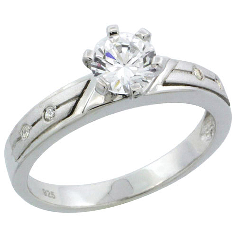 STERLING SILVER CUBIC ZIRCONIA SOLITAIRE ENGAGEMENT RING 1 CT SIZE BRILLIANT CUT, 1/8 INCH WIDE