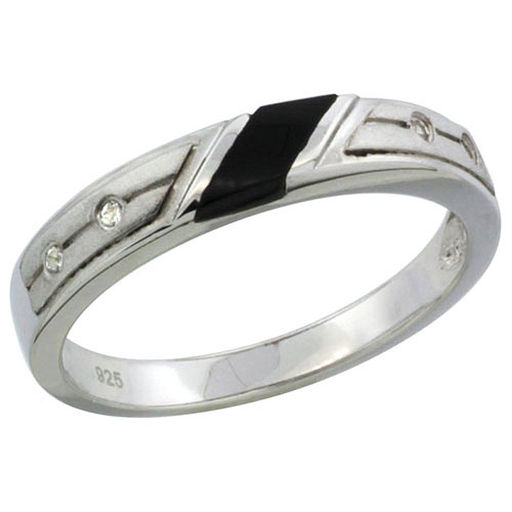 STERLING SILVER CUBIC ZIRCONIA LADIES' WEDDING BAND RING BLACK ONYX, 1/8 INCH WIDE