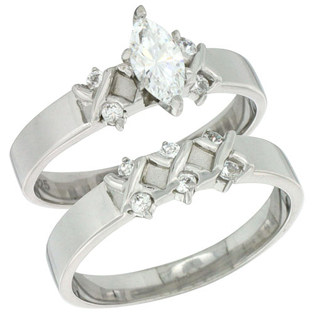 STERLING SILVER CUBIC ZIRCONIA LADIES� ENGAGEMENT RING SET 2-PIECE, 3/16 INCH WIDE