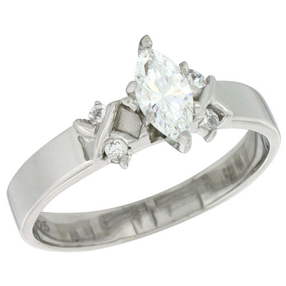 STERLING SILVER CUBIC ZIRCONIA ENGAGEMENT RING 0.75 CT MARQUISE CUT 3/16 INCH WIDE