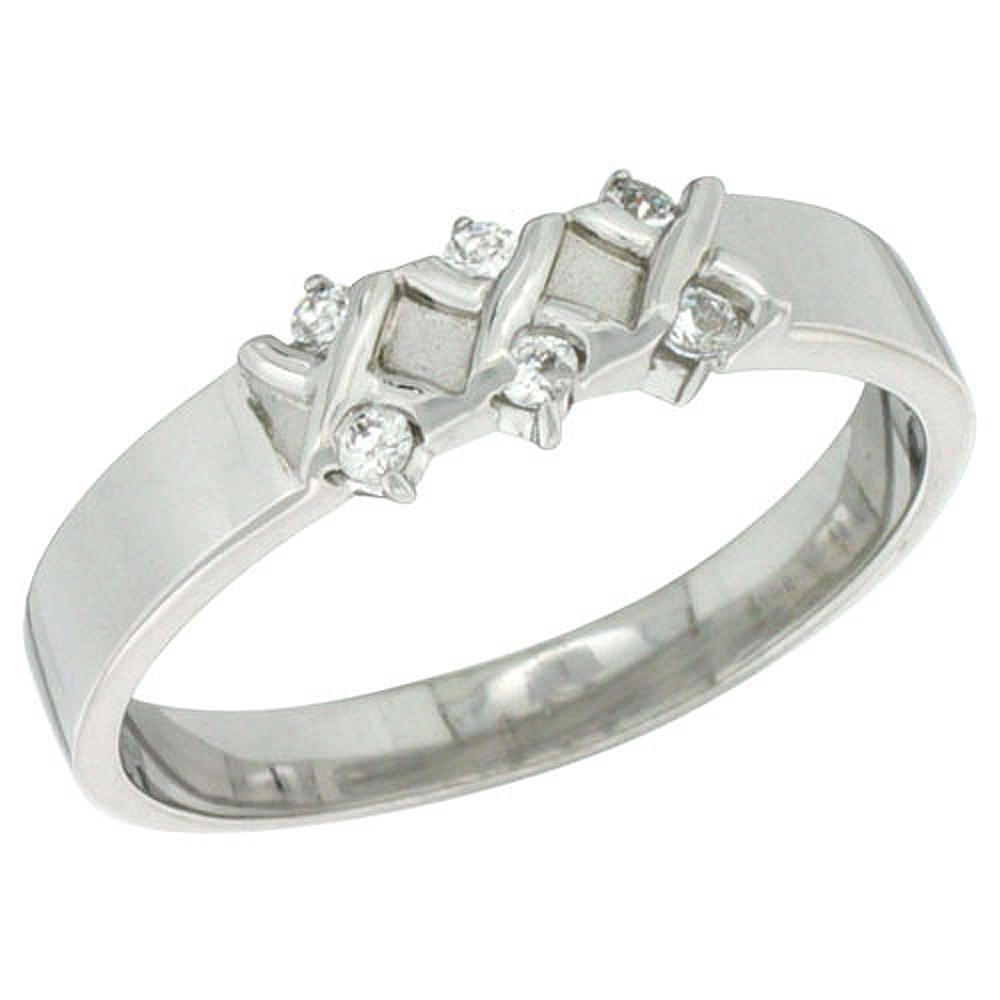 STERLING SILVER CUBIC ZIRCONIA LADIES' WEDDING BAND RING, CRISSCROSS PATTERN, 3/16 INCH WIDE