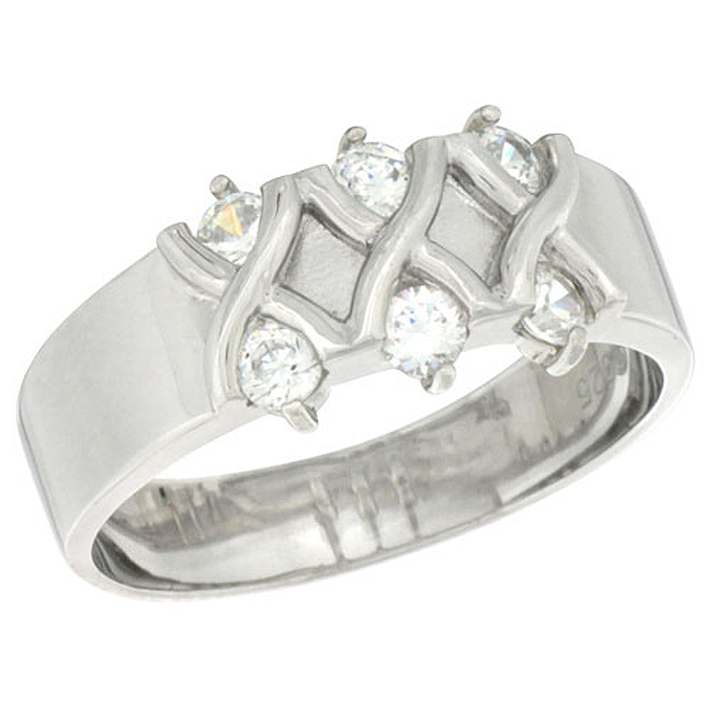 STERLING SILVER CUBIC ZIRCONIA MENS WEDDING BAND RING CRISSCROSS PATTERN, (9MM) 3/8 INCH WIDE