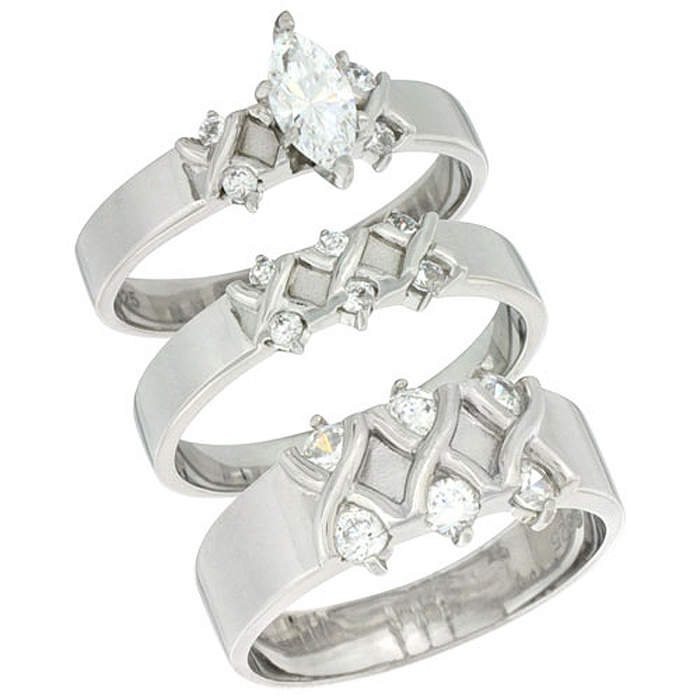 STERLING SILVER CUBIC ZIRCONIA TRIO ENGAGEMENT WEDDING RING SET FOR HIM AND HER, MEN'S BAND 3/8 INCH WIDE, L 5 - 10 & M 8 - 14