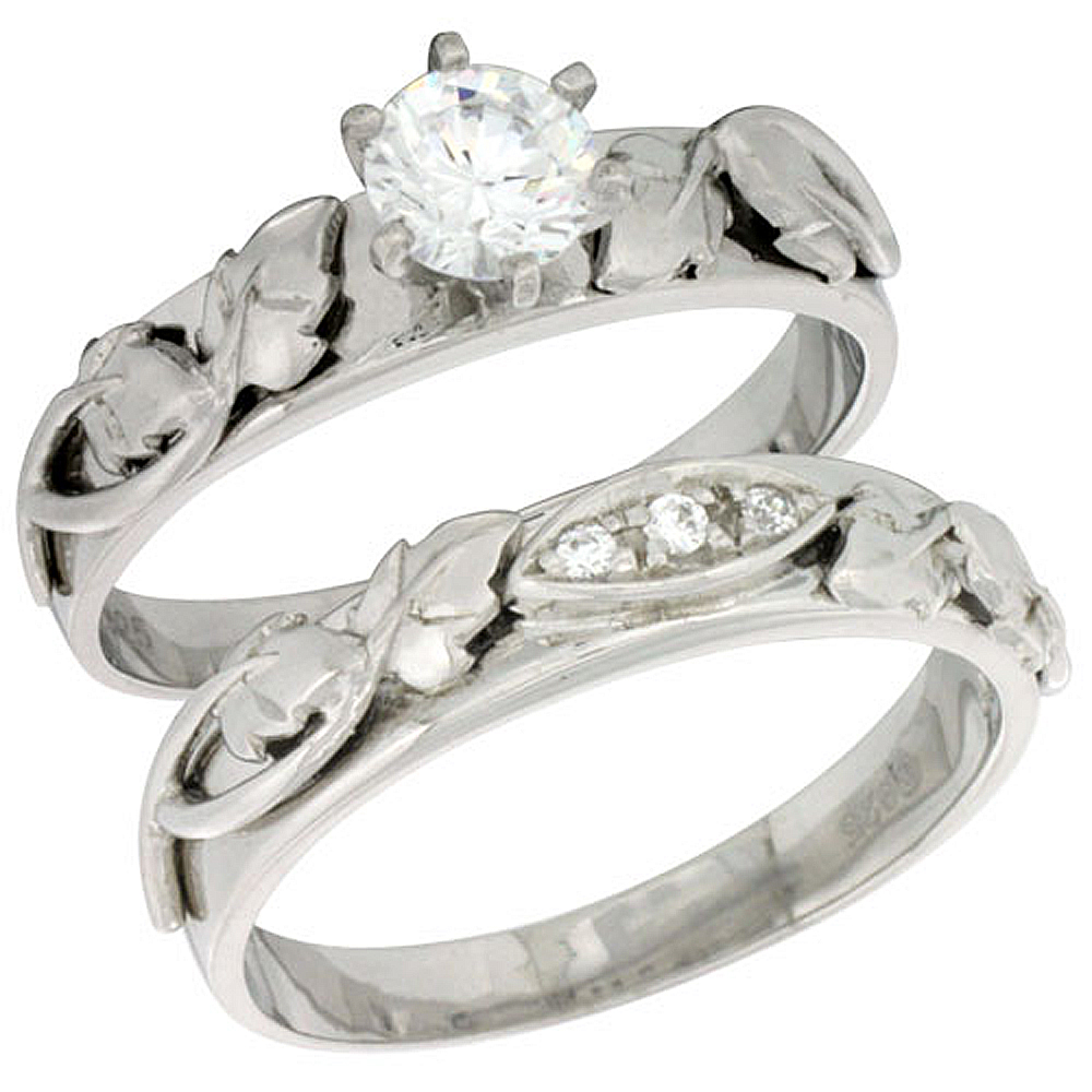 STERLING SILVER CUBIC ZIRCONIA LADIES� ENGAGEMENT RING SET 2-PIECE, 3/16 INCH WIDE