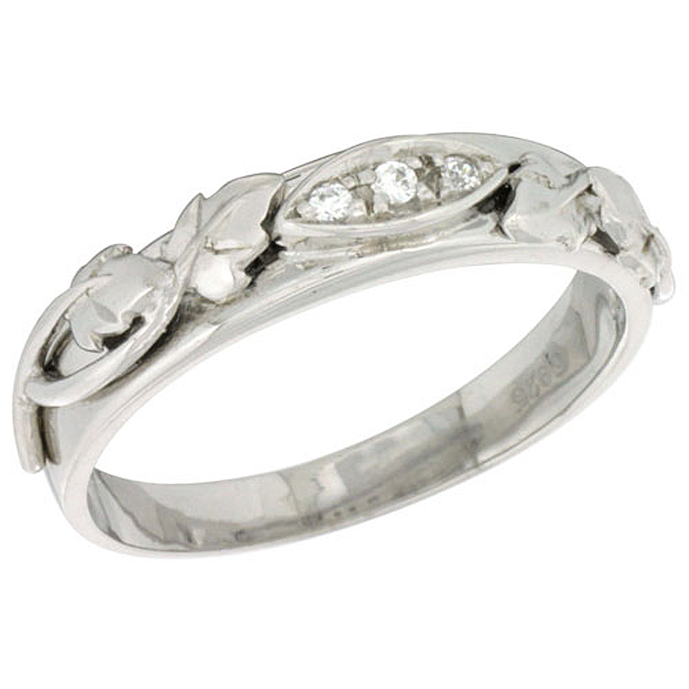 STERLING SILVER CUBIC ZIRCONIA LADIES' WEDDING BAND RING, 3/16 INCH WIDE