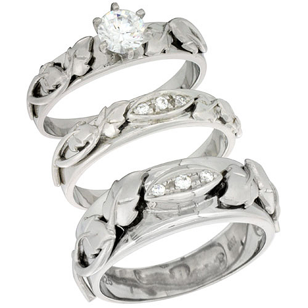 STERLING SILVER CUBIC ZIRCONIA TRIO ENGAGEMENT WEDDING RING SET FOR HIM AND HER, MEN'S BAND 5/16 INCH WIDE, L 5 - 10 & M 8 - 14