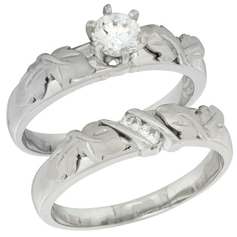 STERLING SILVER CUBIC ZIRCONIA LADIES� ENGAGEMENT RING SET 2-PIECE, 3/16 INCH WIDE