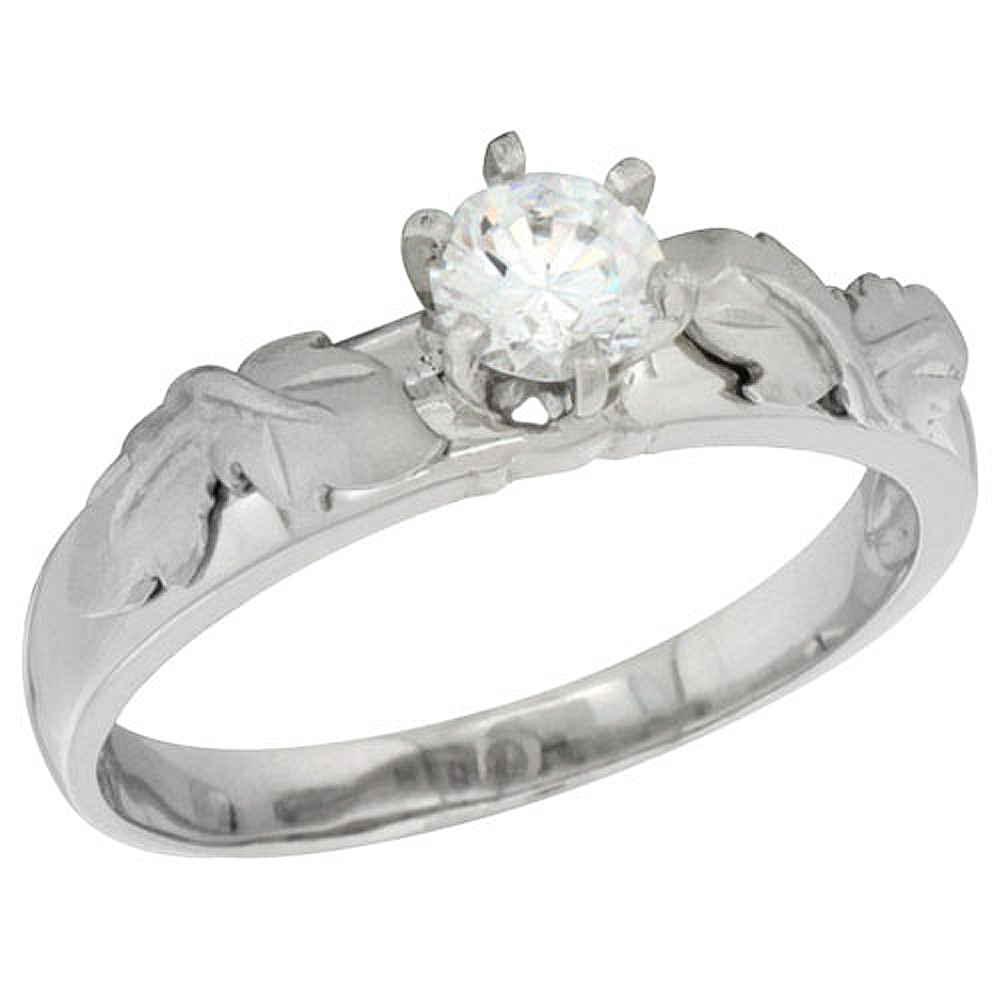 STERLING SILVER CUBIC ZIRCONIA SOLITAIRE ENGAGEMENT RING 1 CT SIZE BRILLIANT CUT 3/16 INCH WIDE