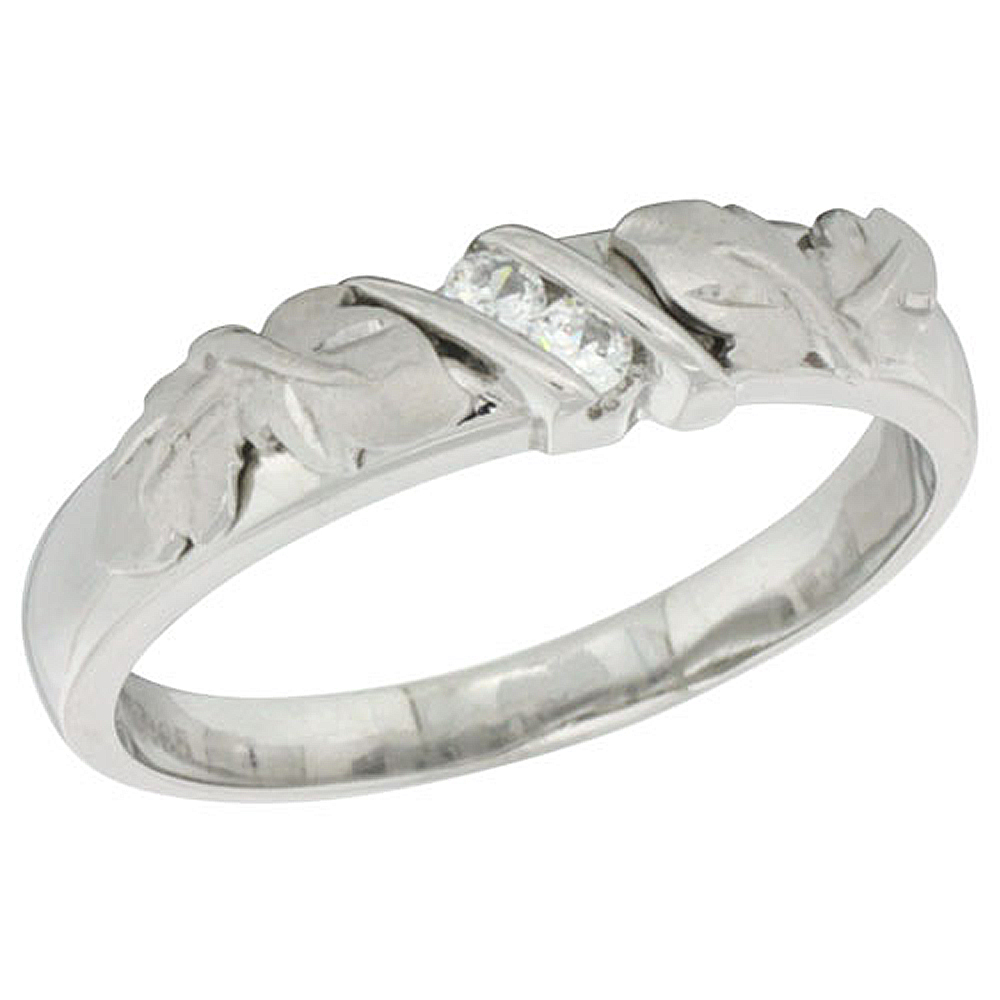 STERLING SILVER CUBIC ZIRCONIA LADIES' WEDDING BAND RING, 3/16 INCH WIDE