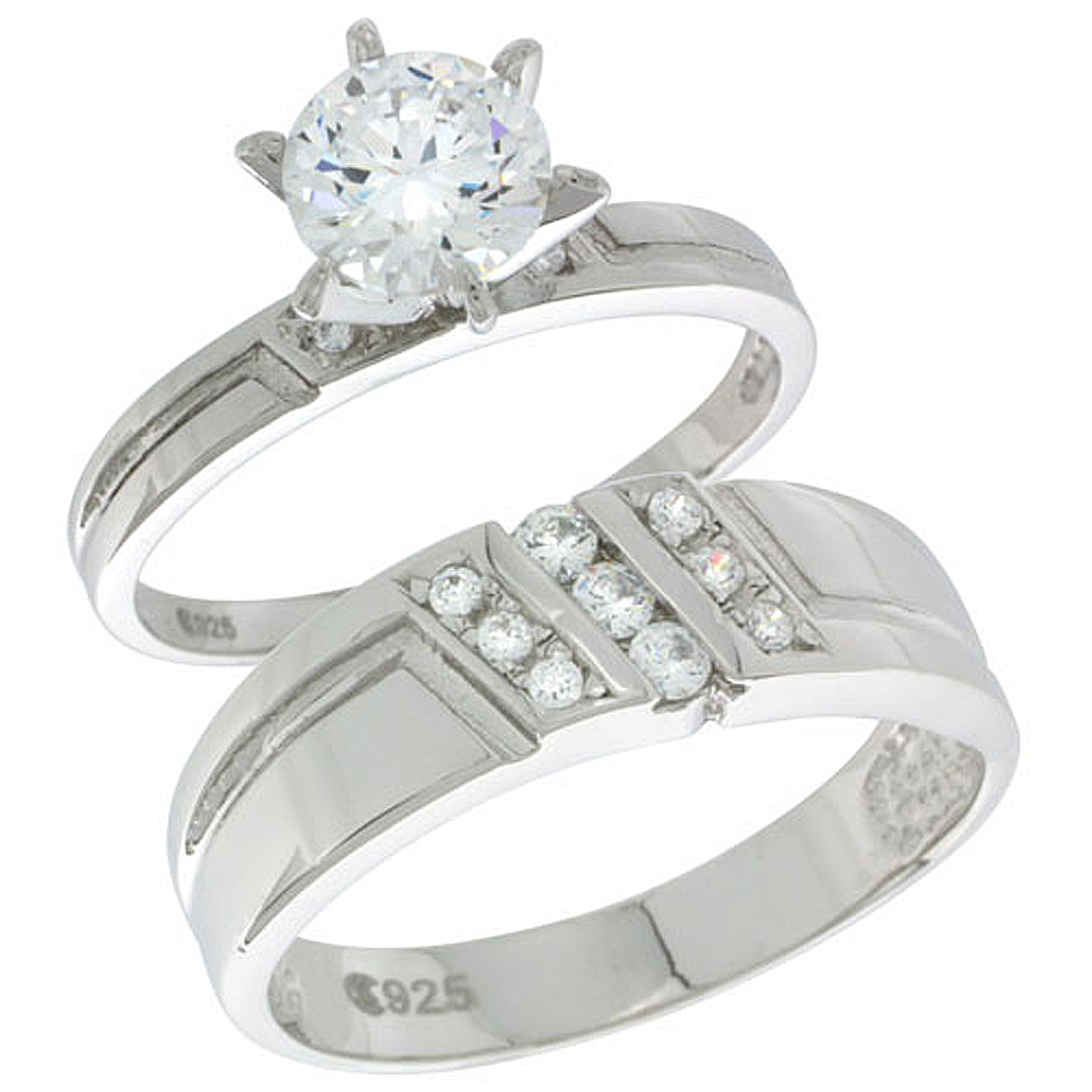 STERLING SILVER CUBIC ZIRCONIA ENGAGEMENT RINGS SET FOR HIM & HER ROUND, BRILLIANT CUT 1/4 INCH WIDE, SIZES L 5-10 M 8-14