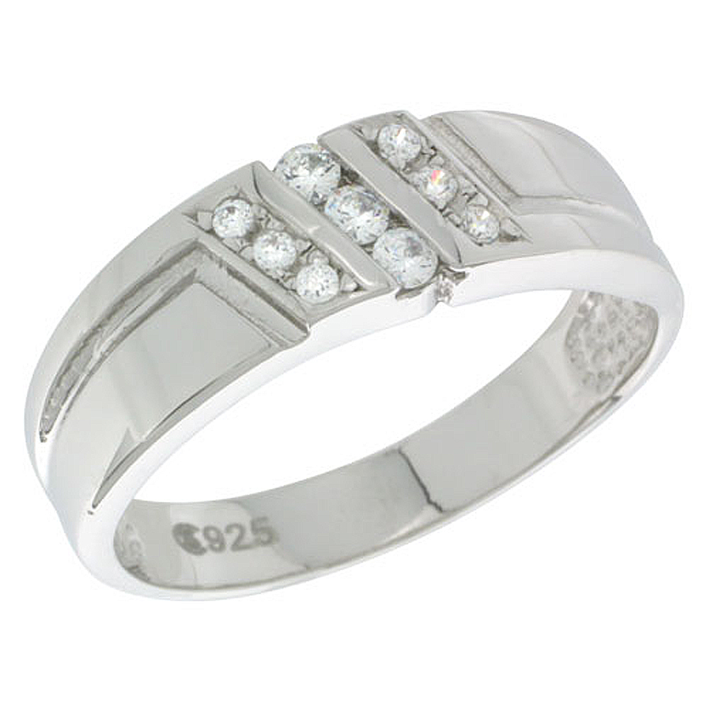 STERLING SILVER CUBIC ZIRCONIA MENS MENS WEDDING BAND RING 1/4 INCH WIDE