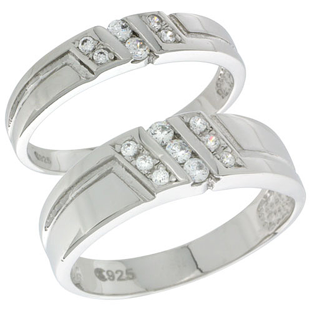STERLING SILVER CUBIC ZIRCONIA 2-PIECE WEDDING RING SET FOR HIM 6MM 1/4 INCH WIDE & HER 4MM 5/32 INCH WIDE, SIZES L 5 - 10 & M 8 - 14