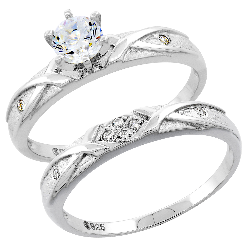 STERLING SILVER CUBIC ZIRCONIA LADIES� ENGAGEMENT RING SET 2-PIECE, 1/8 INCH WIDE