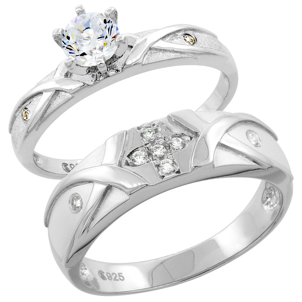 STERLING SILVER CUBIC ZIRCONIA ENGAGEMENT RINGS SET FOR HIM & HER ROUND, BRILLIANT CUT 1/4 INCH WIDE, SIZES L 5-10 M 8-14