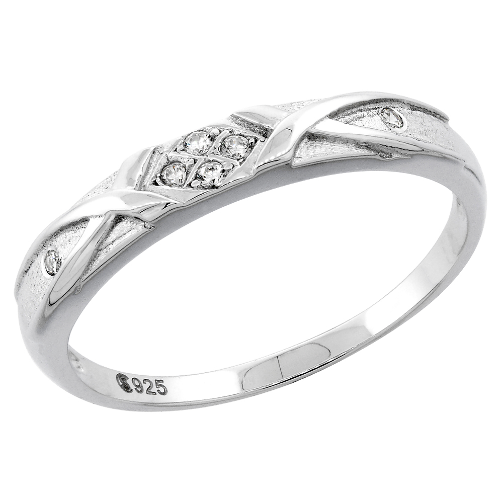 STERLING SILVER CUBIC ZIRCONIA LADIES' WEDDING BAND RING, 1/8 INCH WIDE