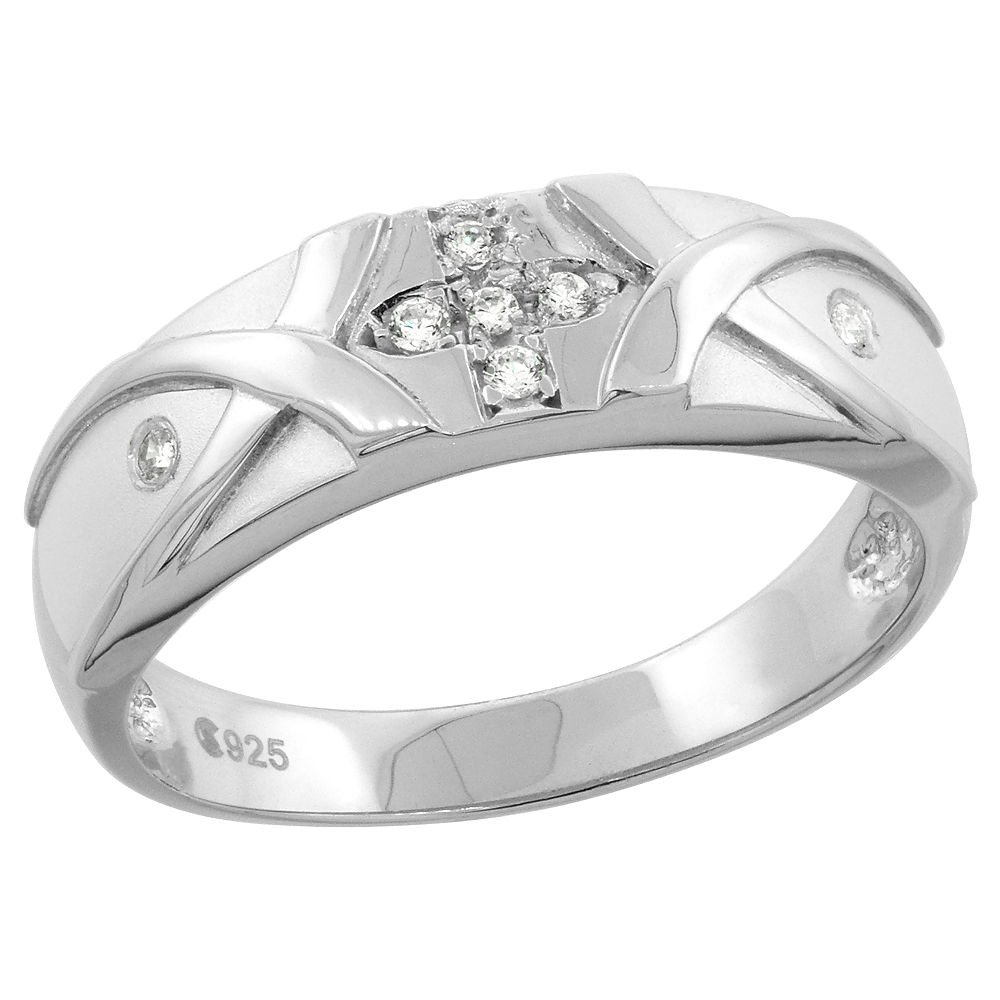STERLING SILVER CUBIC ZIRCONIA MENS MENS WEDDING BAND RING 1/4 INCH WIDE