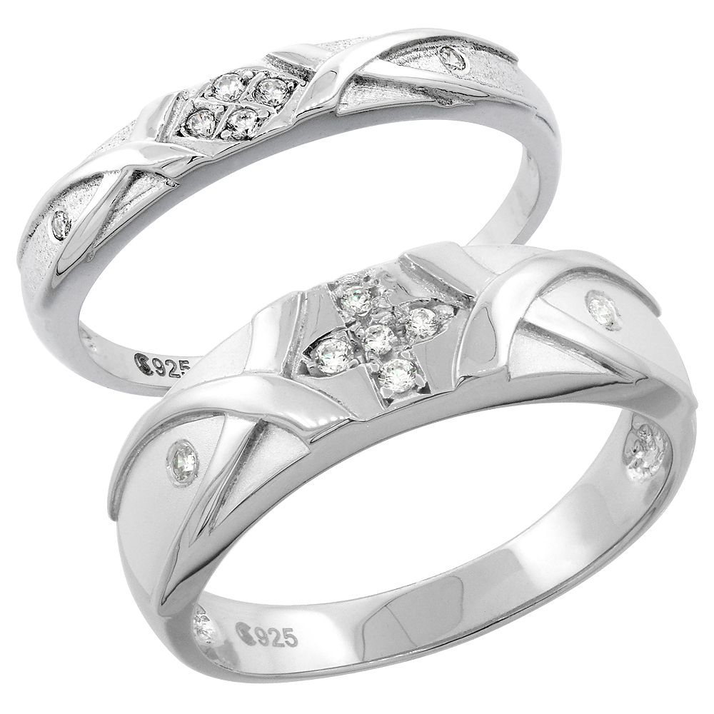 STERLING SILVER CUBIC ZIRCONIA 2-PIECE WEDDING RING SET FOR HIM 6MM 1/4 INCH WIDE & HER 3MM 1/8 INCH WIDE, SIZES L 5 - 10 & M 8 - 14