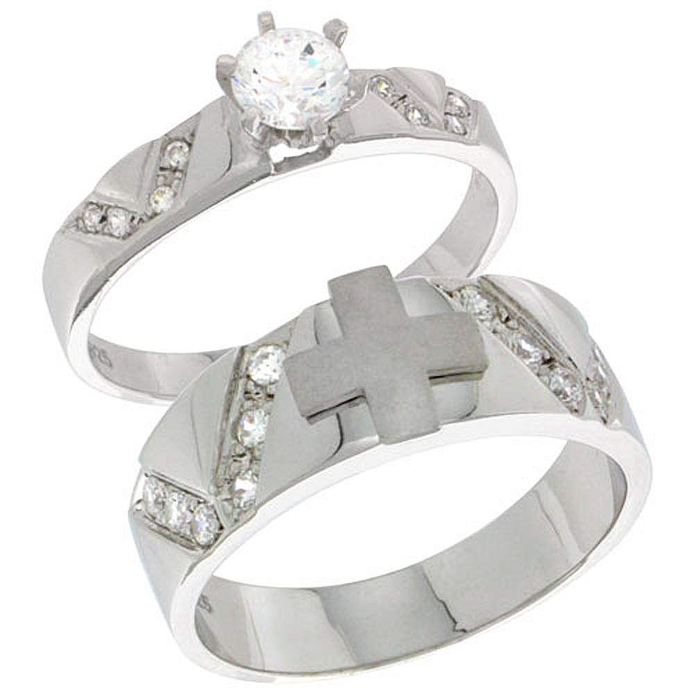 STERLING SILVER CUBIC ZIRCONIA ENGAGEMENT RINGS SET FOR HIM & HER ROUND, BRILLIANT CUT 1/4 INCH WIDE, SIZES L 5-10 M 8-14