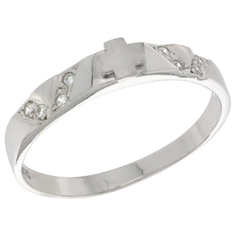 STERLING SILVER CUBIC ZIRCONIA LADIES' WEDDING BAND RING, 1/8 INCH WIDE