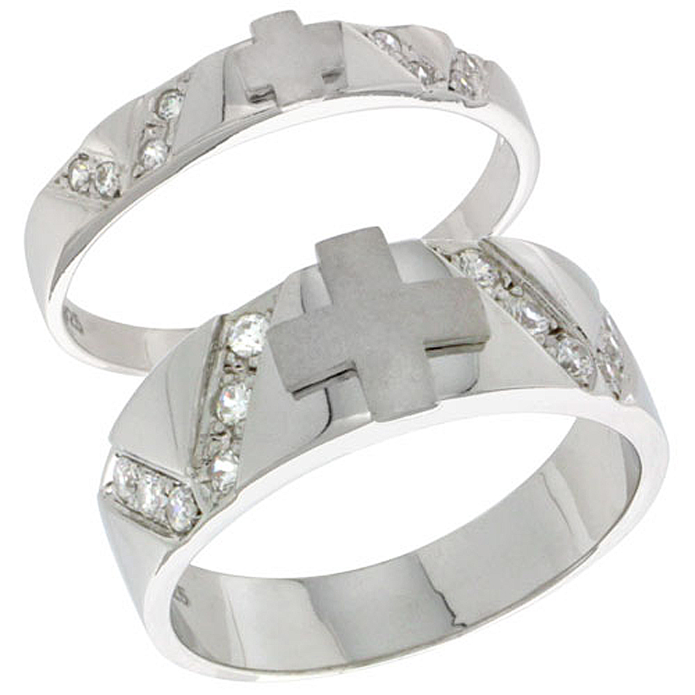 STERLING SILVER CUBIC ZIRCONIA 2-PIECE WEDDING RING SET FOR HIM 6MM 1/4 INCH WIDE & HER 3MM 1/8 INCH WIDE, SIZES L 5 - 10 & M 8 - 14