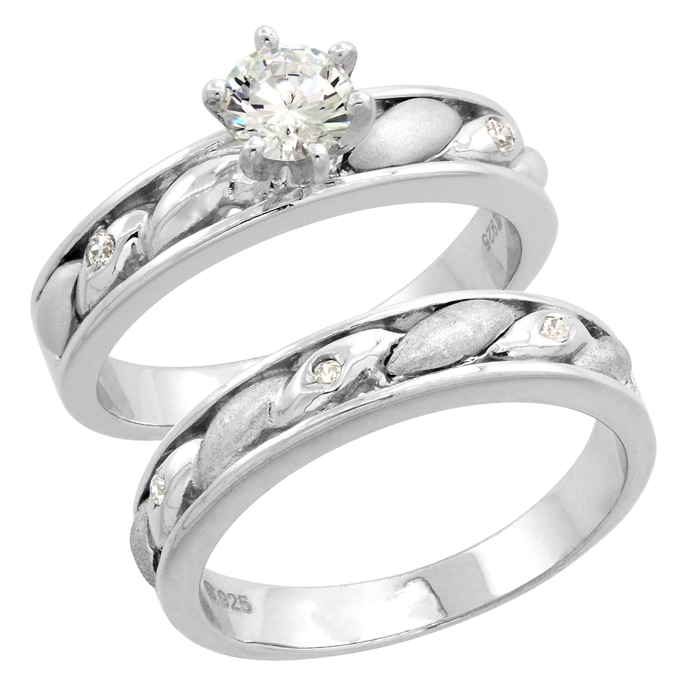 STERLING SILVER CUBIC ZIRCONIA LADIES ENGAGEMENT RING SET 2-PIECE, 5/32 INCH WIDE