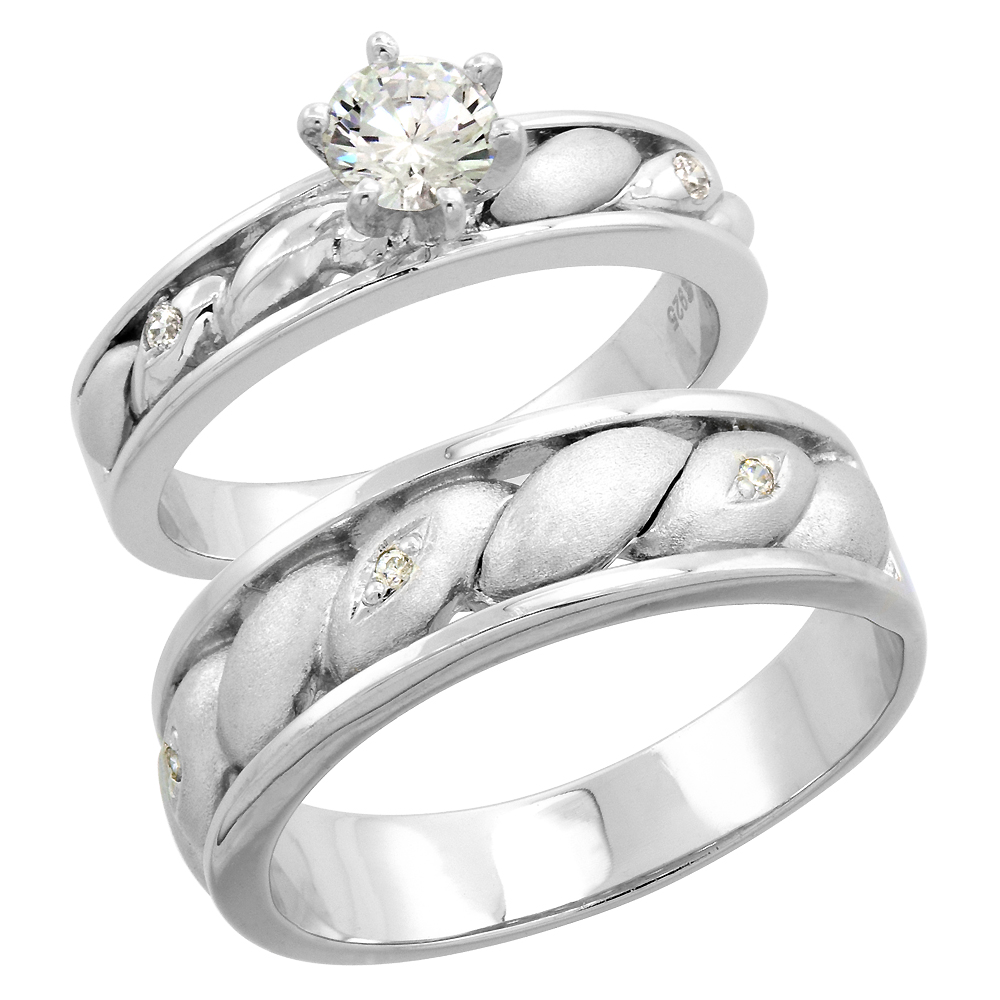 STERLING SILVER CUBIC ZIRCONIA ENGAGEMENT RINGS SET FOR HIM & HER ROUND, BRILLIANT CUT 1/4 INCH WIDE, SIZES L 5-10 M 8-14