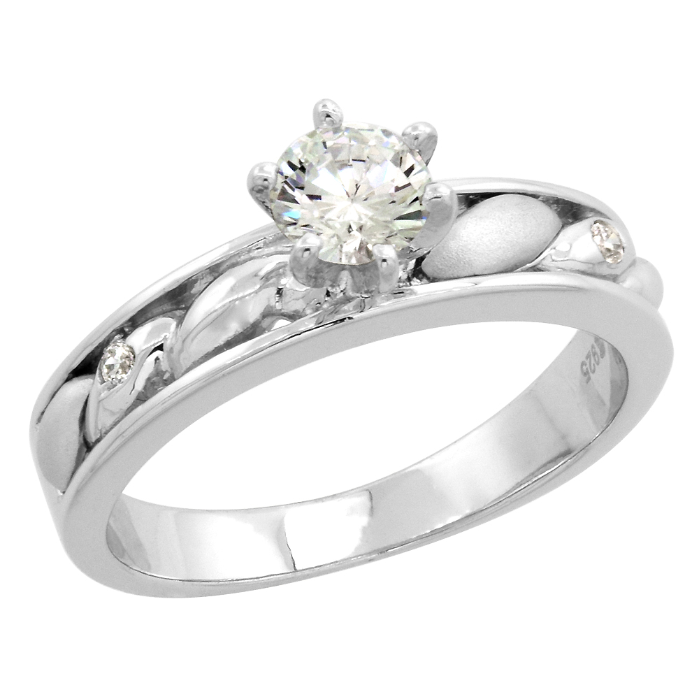 STERLING SILVER CUBIC ZIRCONIA SOLITAIRE ENGAGEMENT RING 1 CT SIZE BRILLIANT CUT 5/32 INCH WIDE