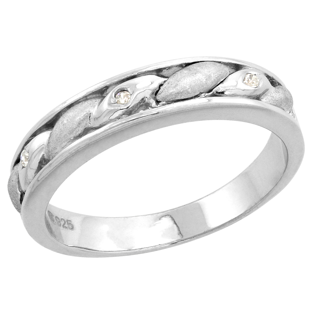 STERLING SILVER CUBIC ZIRCONIA LADIES' WEDDING BAND RING, 5/32 INCH WIDE