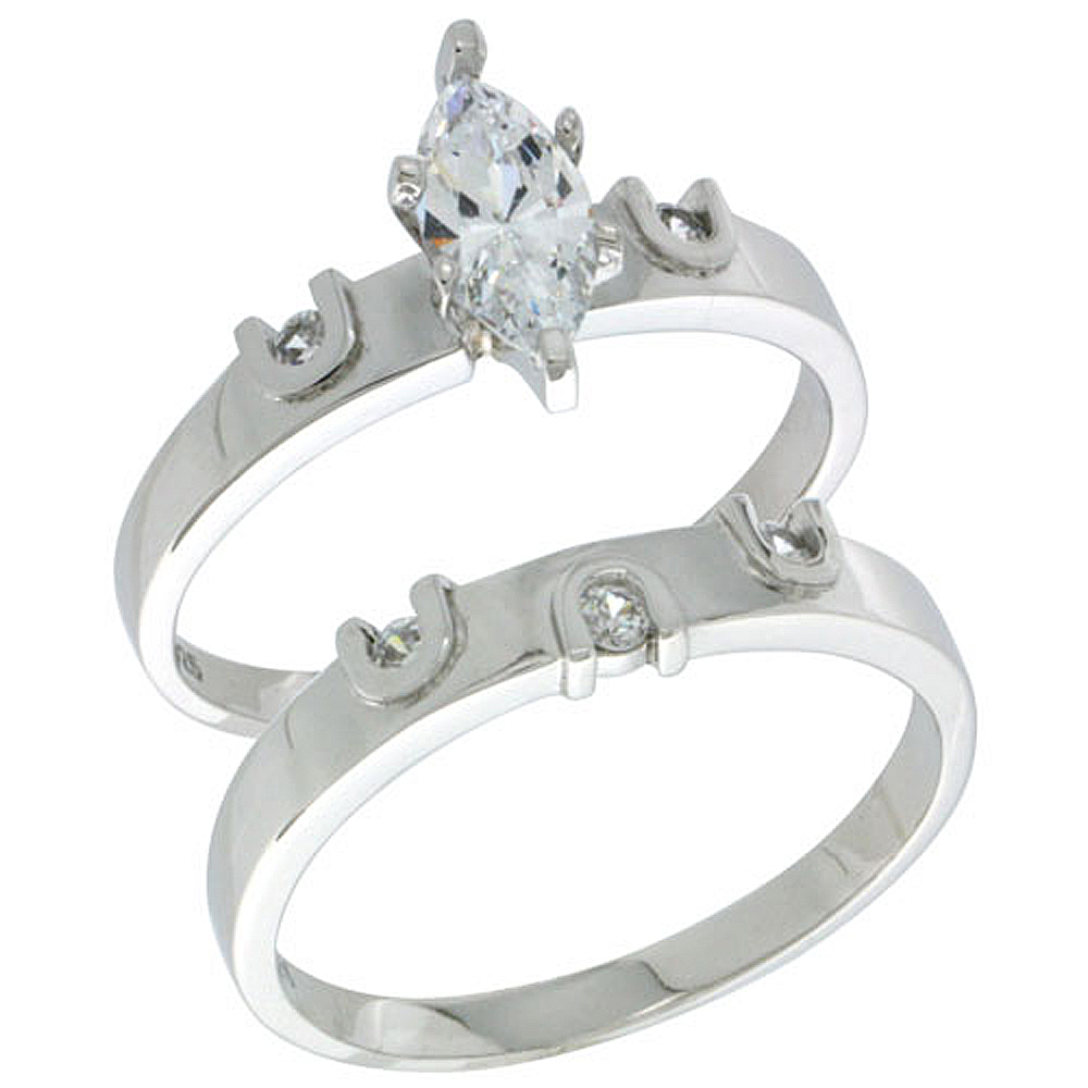 STERLING SILVER CUBIC ZIRCONIA LADIES� ENGAGEMENT RING SET 2-PIECE, 5/32 INCH WIDE