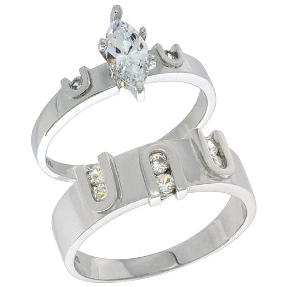 STERLING SILVER CUBIC ZIRCONIA ENGAGEMENT RINGS SET FOR HIM & HER MARQUISE CUT 9/32 INCH WIDE, SIZES L 5-10 M 8-14