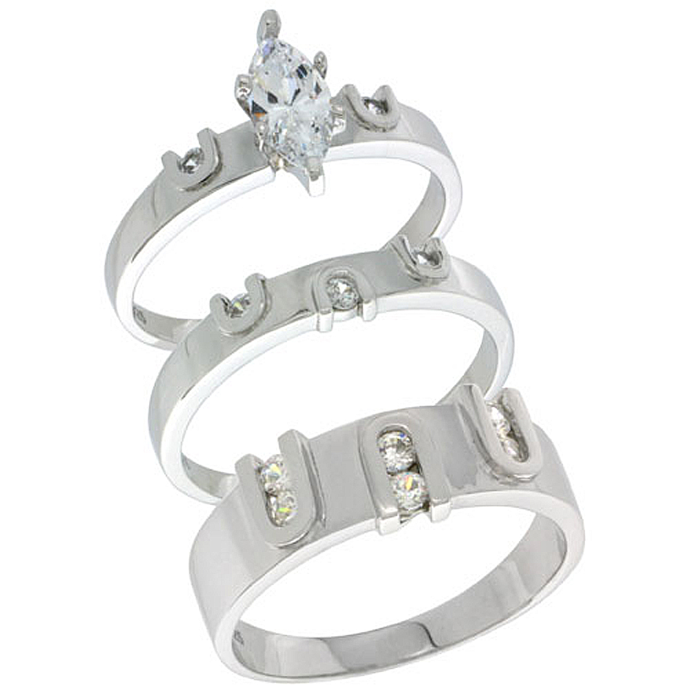 STERLING SILVER CUBIC ZIRCONIA TRIO ENGAGEMENT WEDDING RING SET FOR HIM AND HER, MEN'S BAND 9/32 INCH WIDE, L 5 - 10 & M 8 - 14