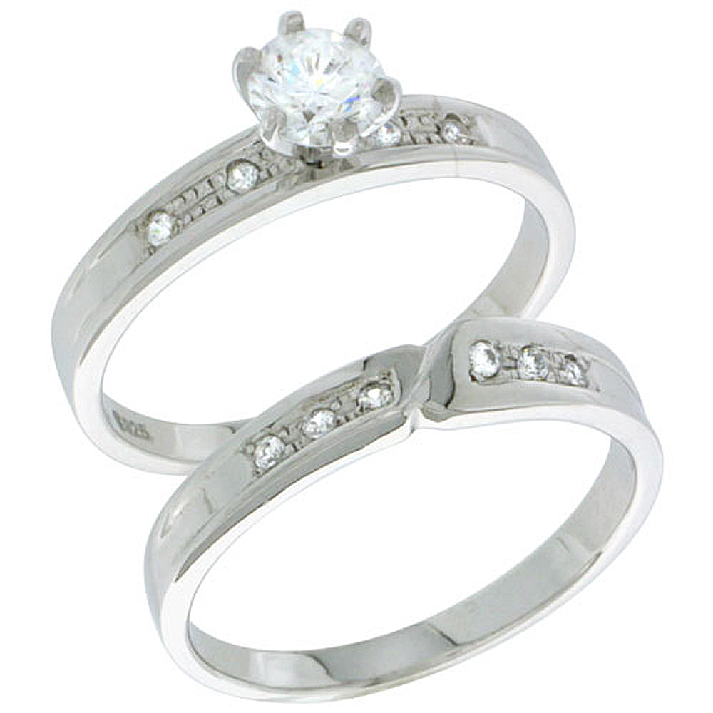 STERLING SILVER CUBIC ZIRCONIA LADIES� ENGAGEMENT RING SET 2-PIECE, 5/32 INCH WIDE