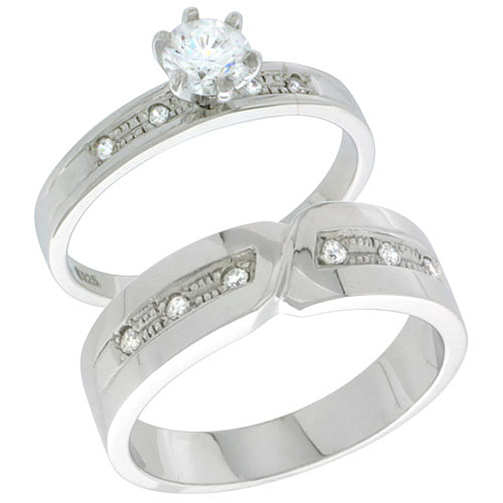 STERLING SILVER CUBIC ZIRCONIA ENGAGEMENT RINGS SET FOR HIM & HER BRILLIANT CUT SOLITAIRE 1/4 INCH WIDE, SIZES L 5-10 M 8-14