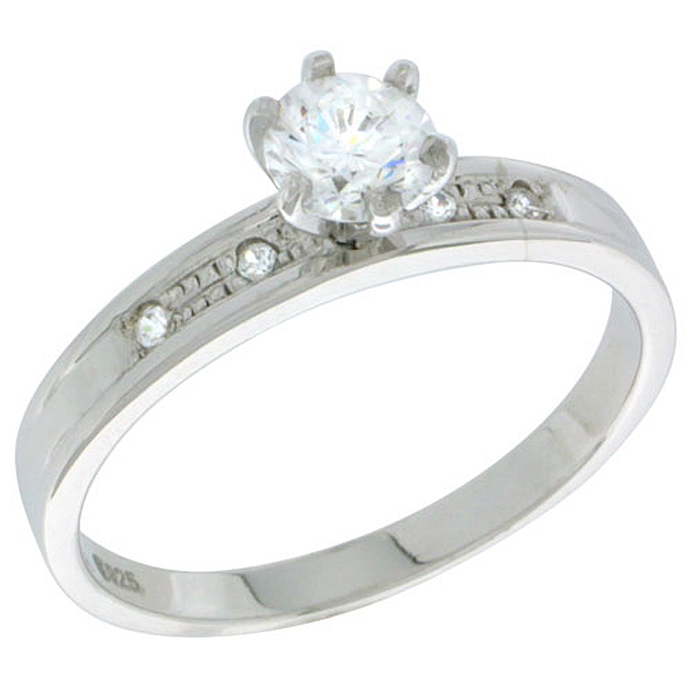 STERLING SILVER CUBIC ZIRCONIA ENGAGEMENT RING 0.85 CT SIZE BRILLIANT CUT 1/8 INCH WIDE